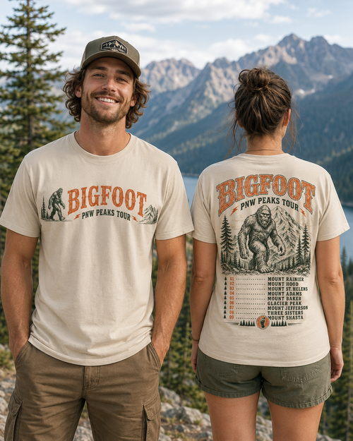 Bigfoot PNW Peaks Tour T-Shirt – Front & Back Sasquatch Mountain Tee