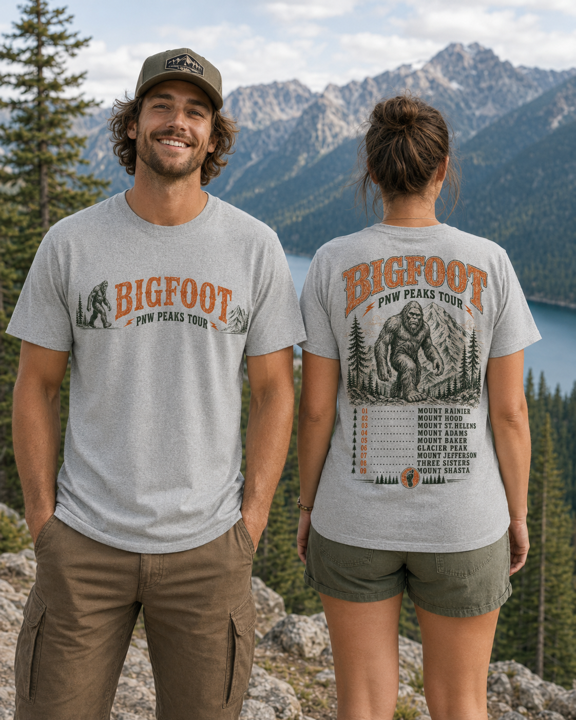 Bigfoot PNW Peaks Tour T-Shirt – Front & Back Sasquatch Mountain Tee
