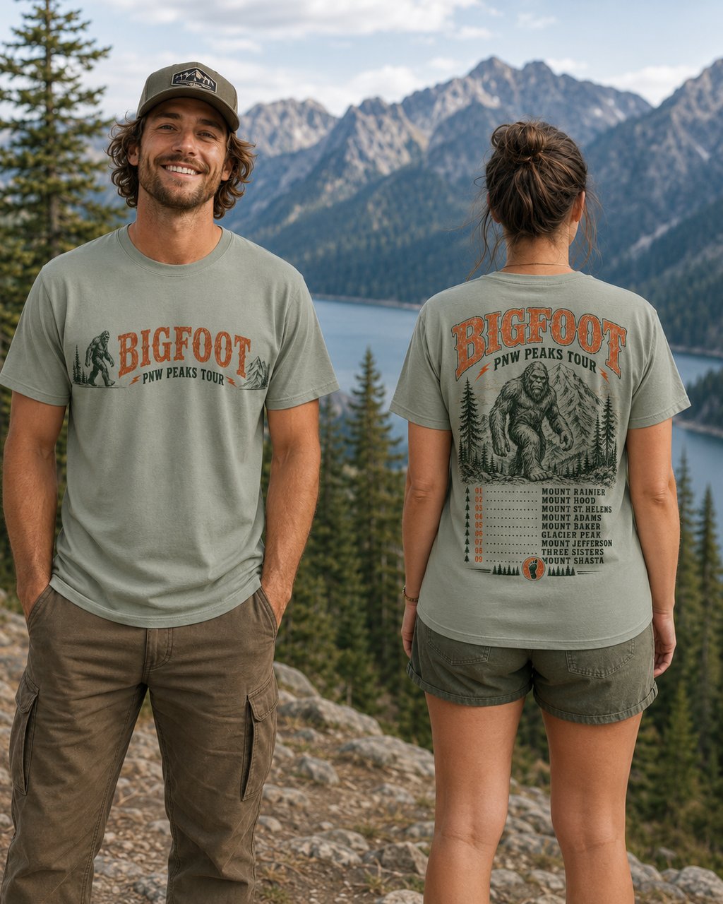 Bigfoot PNW Peaks Tour T-Shirt – Front & Back Sasquatch Mountain Tee