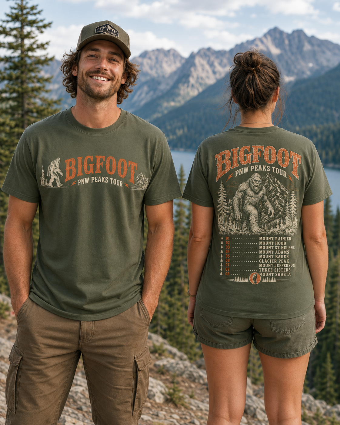 Bigfoot PNW Peaks Tour T-Shirt – Front & Back Sasquatch Mountain Tee