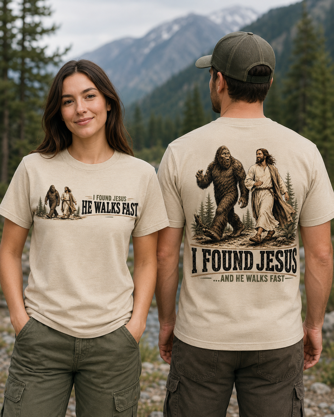 I Found Jesus He Walks Fast Bigfoot T-Shirt – Funny Christian Sasquatch Tee