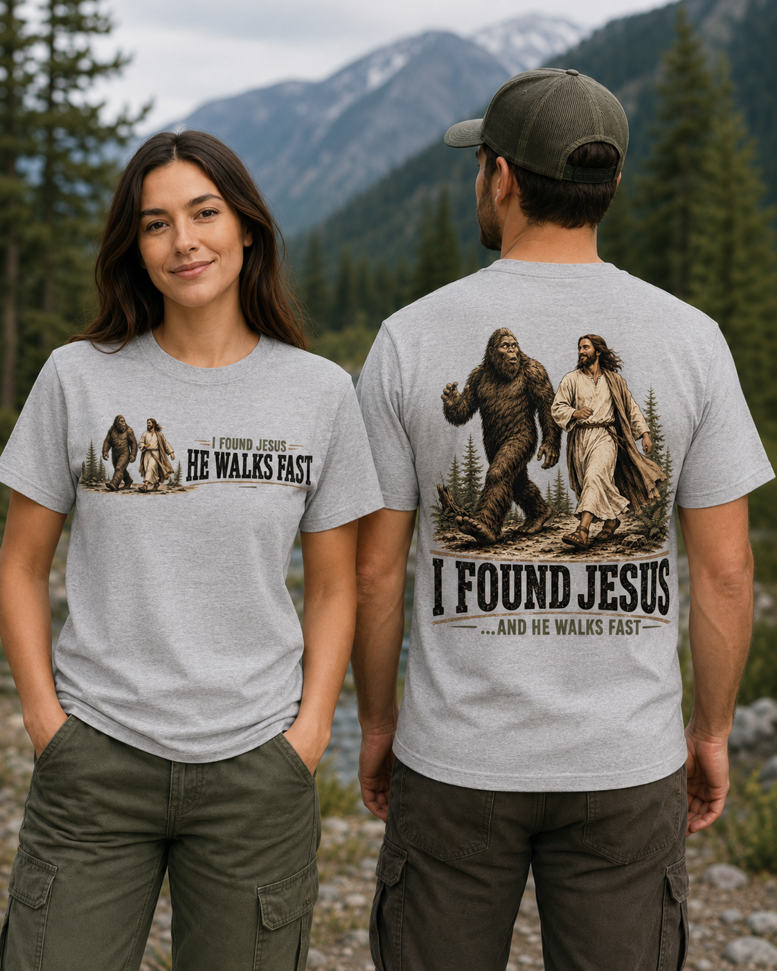 I Found Jesus He Walks Fast Bigfoot T-Shirt – Funny Christian Sasquatch Tee