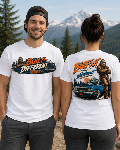 Built Different Bigfoot & Muscle Car T-Shirt – Front and Back Design