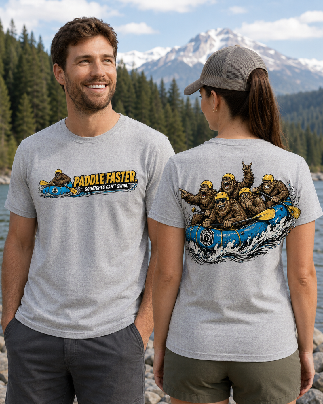 Paddle Faster Squatches Can’t Swim – Bigfoot Rafting Unisex T-Shirt