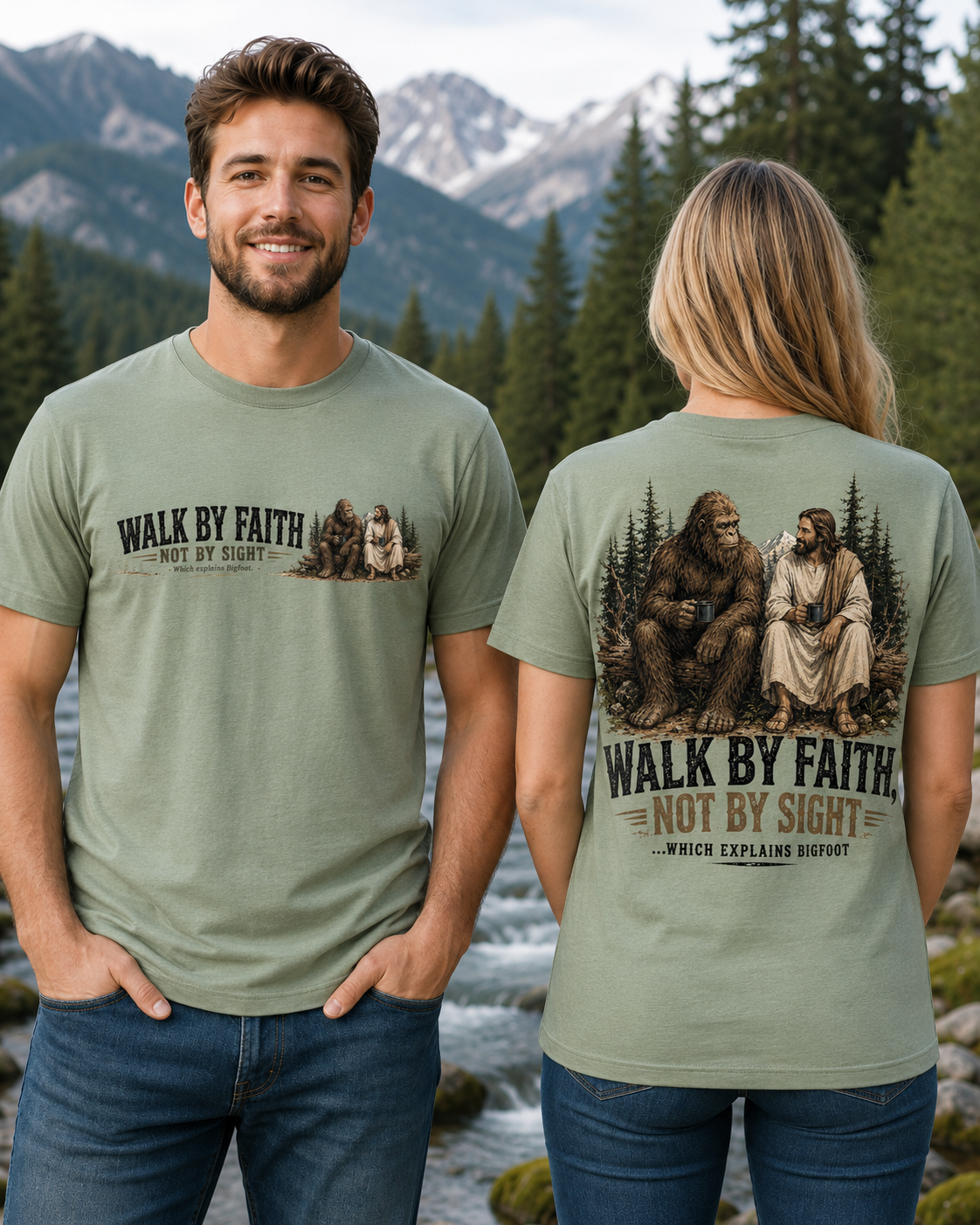 Walk by Faith Bigfoot & Jesus T-Shirt | Funny Christian Sasquatch Tee
