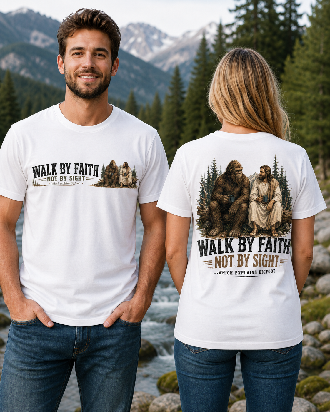 Walk by Faith Bigfoot & Jesus T-Shirt | Funny Christian Sasquatch Tee