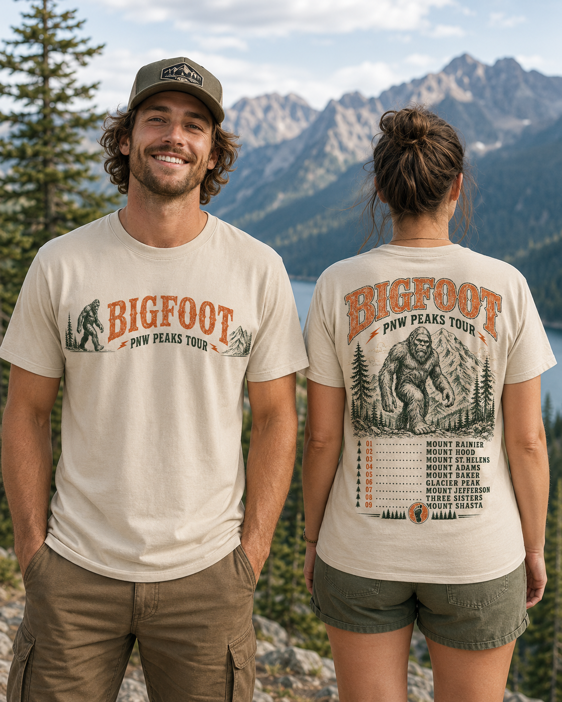 Bigfoot PNW Peaks Tour T-Shirt – Front & Back Sasquatch Mountain Tee