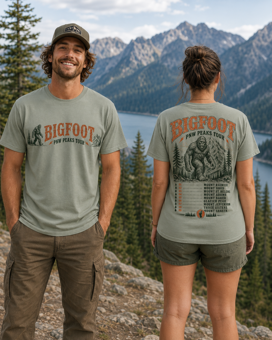 Bigfoot PNW Peaks Tour T-Shirt – Front & Back Sasquatch Mountain Tee