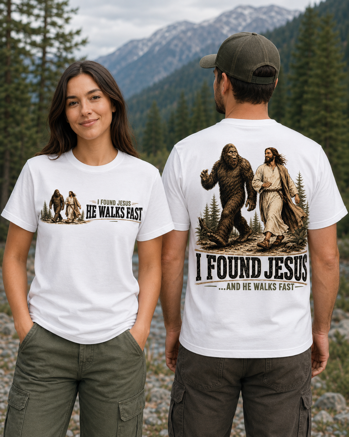 I Found Jesus He Walks Fast Bigfoot T-Shirt – Funny Christian Sasquatch Tee