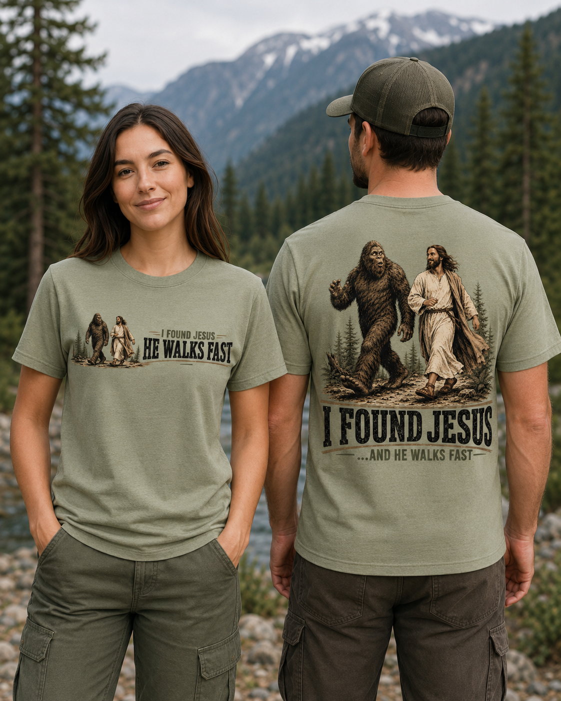 I Found Jesus He Walks Fast Bigfoot T-Shirt – Funny Christian Sasquatch Tee