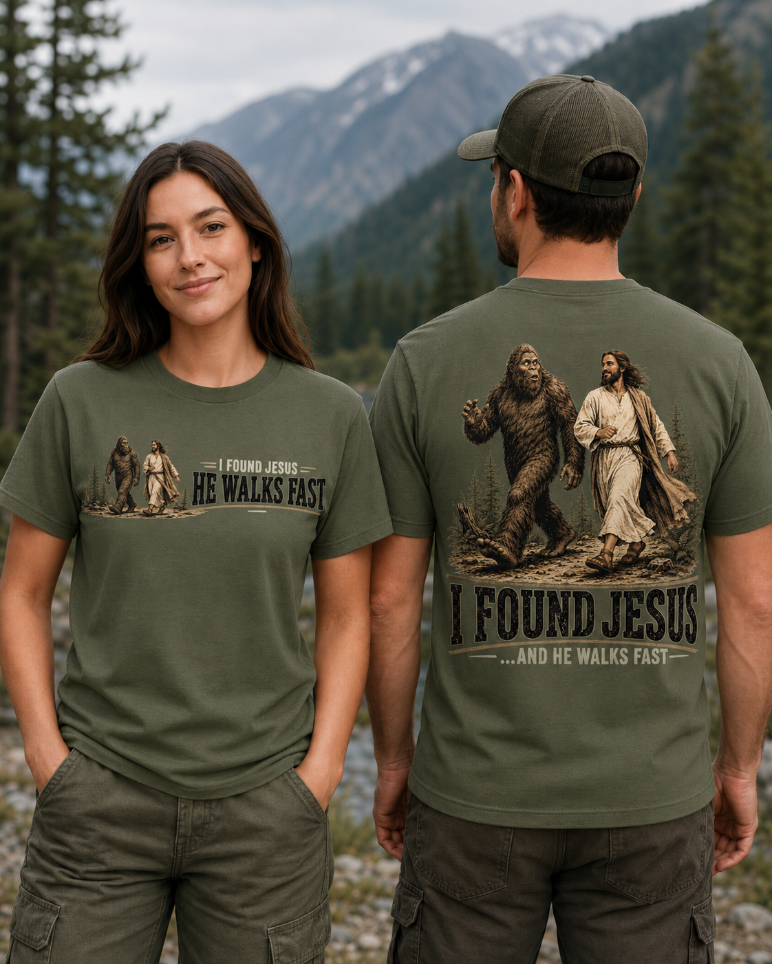 I Found Jesus He Walks Fast Bigfoot T-Shirt – Funny Christian Sasquatch Tee