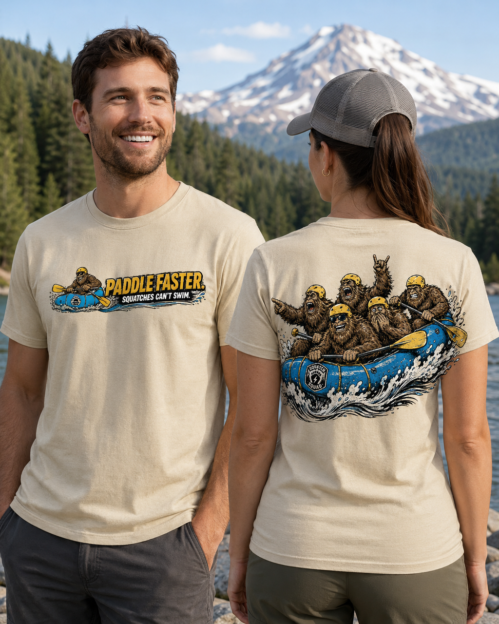 Paddle Faster Squatches Can’t Swim – Bigfoot Rafting Unisex T-Shirt