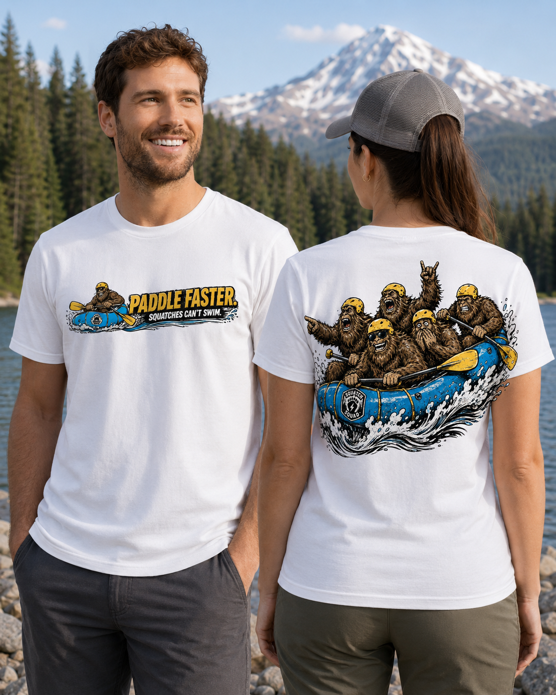 Paddle Faster Squatches Can’t Swim – Bigfoot Rafting Unisex T-Shirt